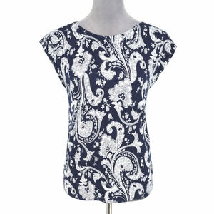 Talbots Sweater Petites SP PS Navy Blue White Paisley Lightweight Top Pullover